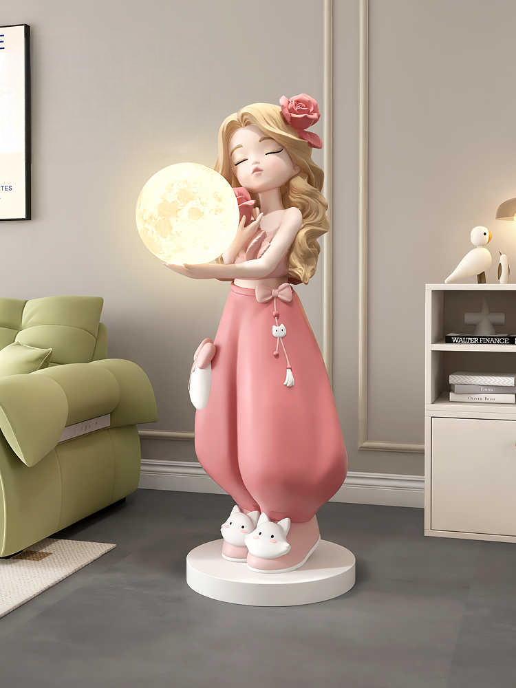 Rose Girl Tray Floor Sculpture – Pink Resin Romantic Standing Figurine Lamp for Living Room, Sofa Side, or Birthday Gift