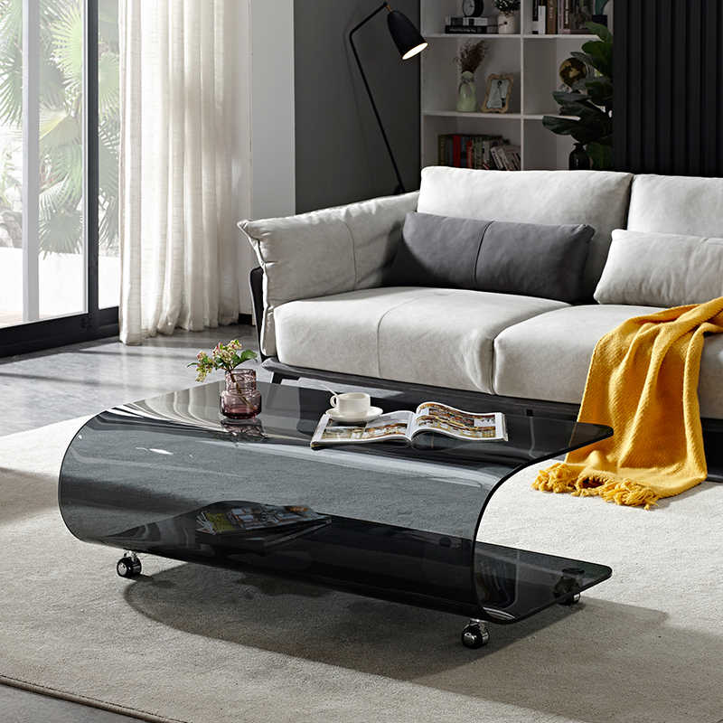 Modern Black Bent Glass Coffee Table, Minimalist Creative Tea Table for Small Living Rooms, Curved Tempered Glass Center Table