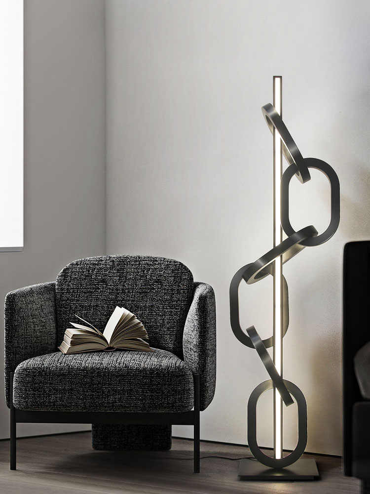 Designer Black Chain Ring Sculpture Floor Lamp, Modern Creative Sand Black Stainless Steel Lighting for Showroom/Living Room/Luxury Decor