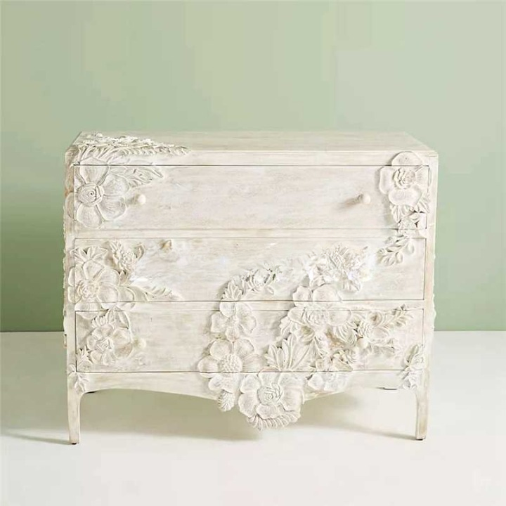 Carved White Solid Wood Dresser – 3-Drawer Floral Chest, Luxury Entryway Cabinet for Modern Vintage Foyer