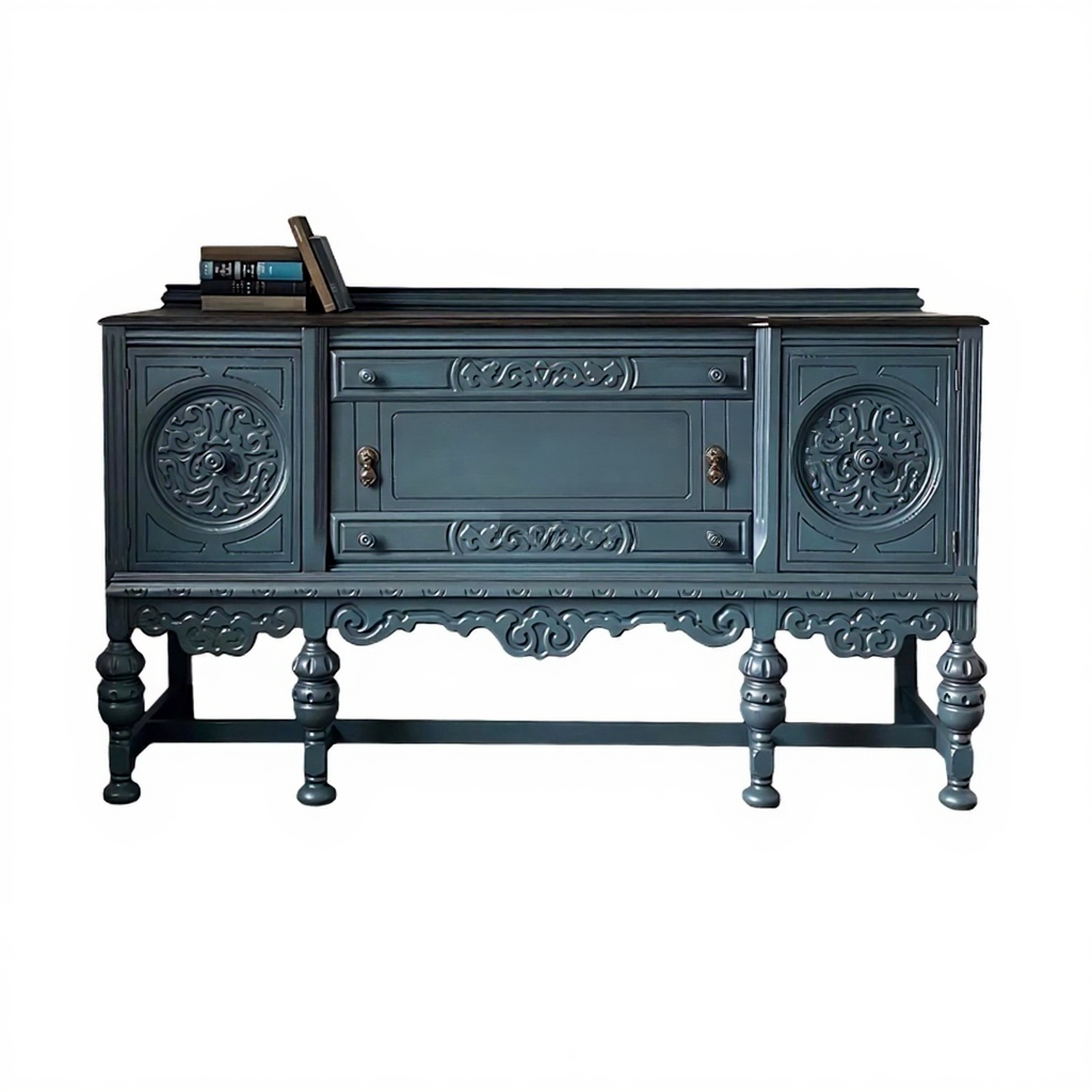 Vintage Artistic Carved Wood Sideboard – Two-Door Entryway Buffet Cabinet, Blue Revival Solid Wood Credenza