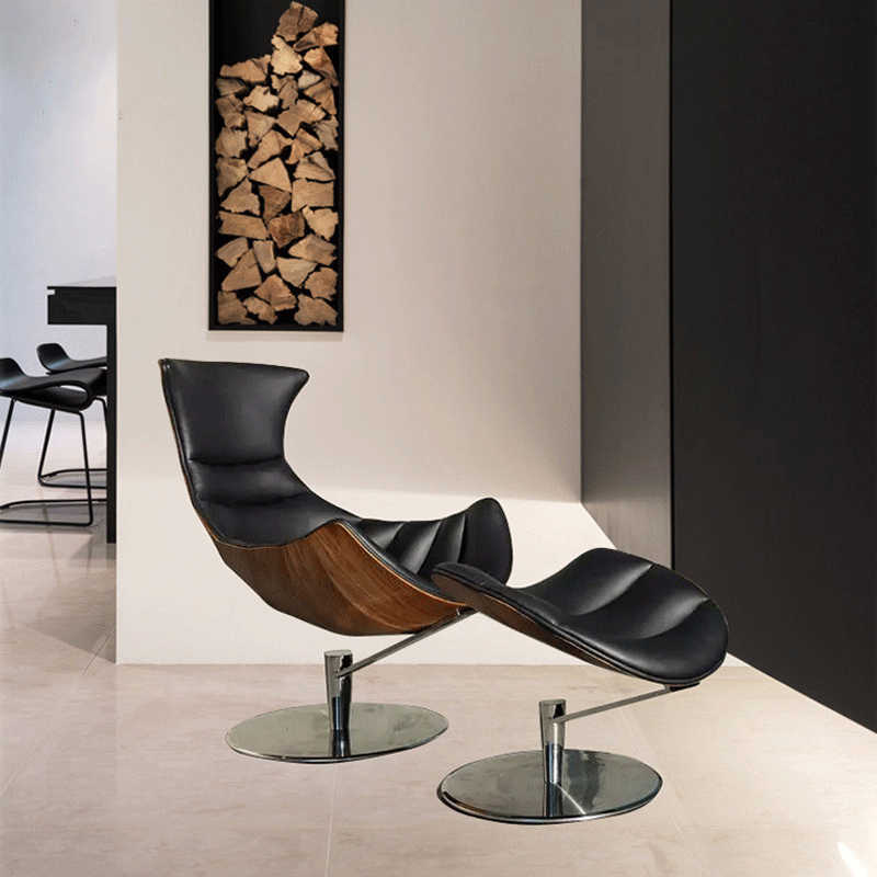Premium Designer Lobster Lounge Chair – Sculptural Walnut Shell with Black Leather Upholstery, Contemporary Statement Furniture with Ottoman Set