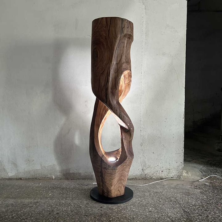 Sculptural Wood Floor Lamp, Abstract Carved Standing Light, 55.1 Inch