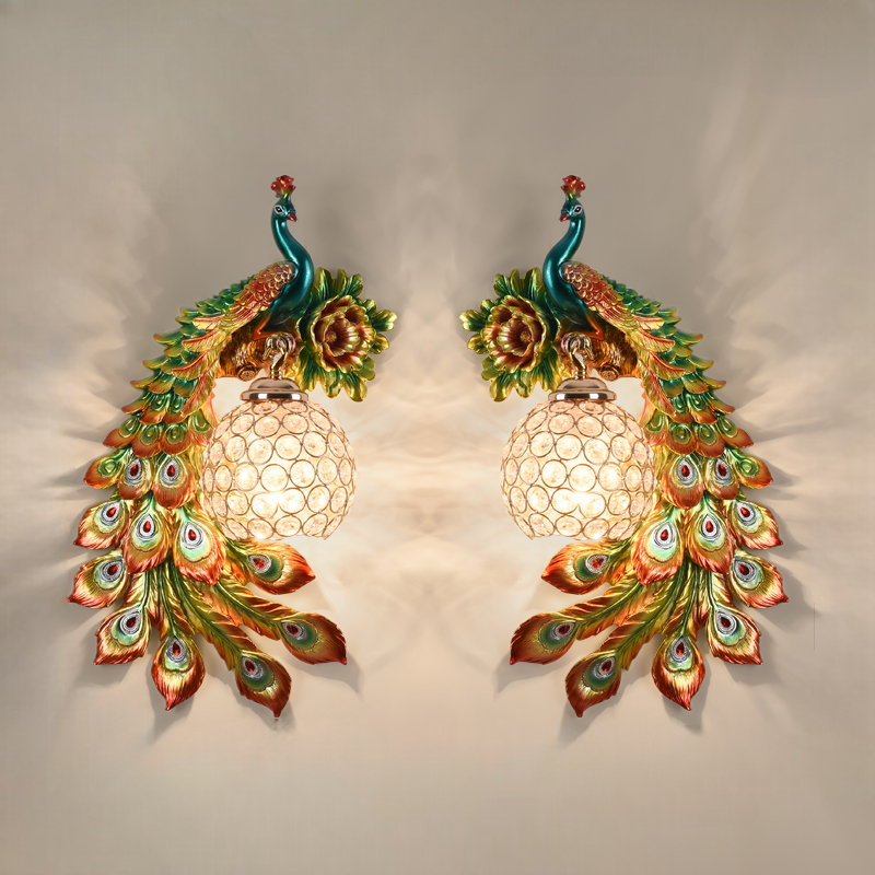 Colorful Peacock Crystal Wall Sconce Set – Rechargeable Resin Accent Lights with Remote Control for Modern Living Room, Bedroom, and Hallway