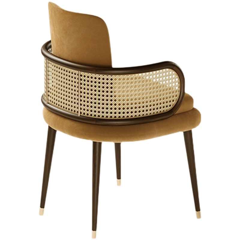 Nordic Luxury Cane Dining Chair – Mid-Century Modern Velvet Upholstered Armchair with Rattan Back, Designer Restaurant Chair for Hotel, Café, Home Dining