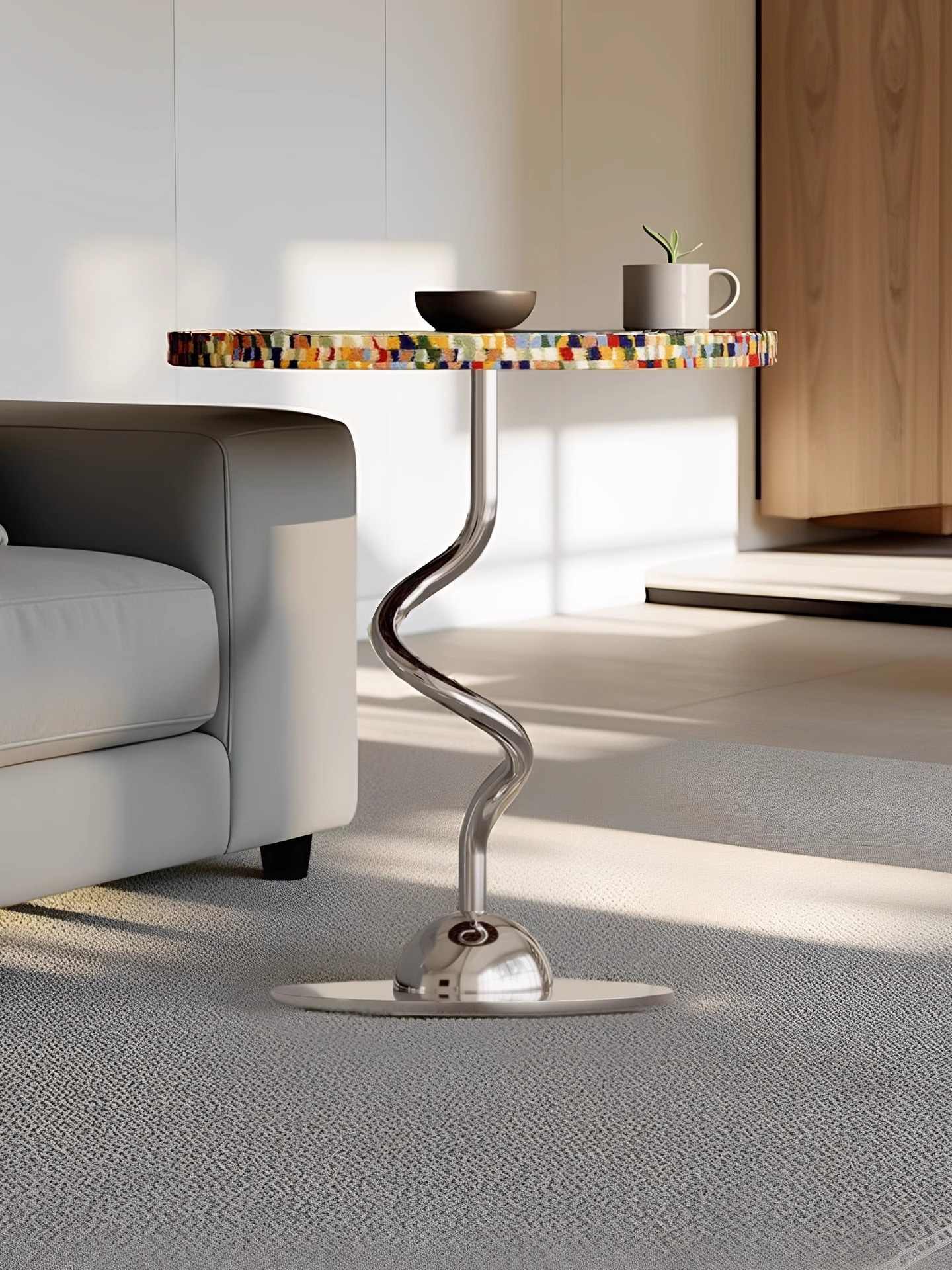 Italian Luxury Designer Side Table – Modern Sculptural Small Round Accent Table, Creative Curved Sofa Table, Elegant Living Room, Bedroom, Balcony Furniture