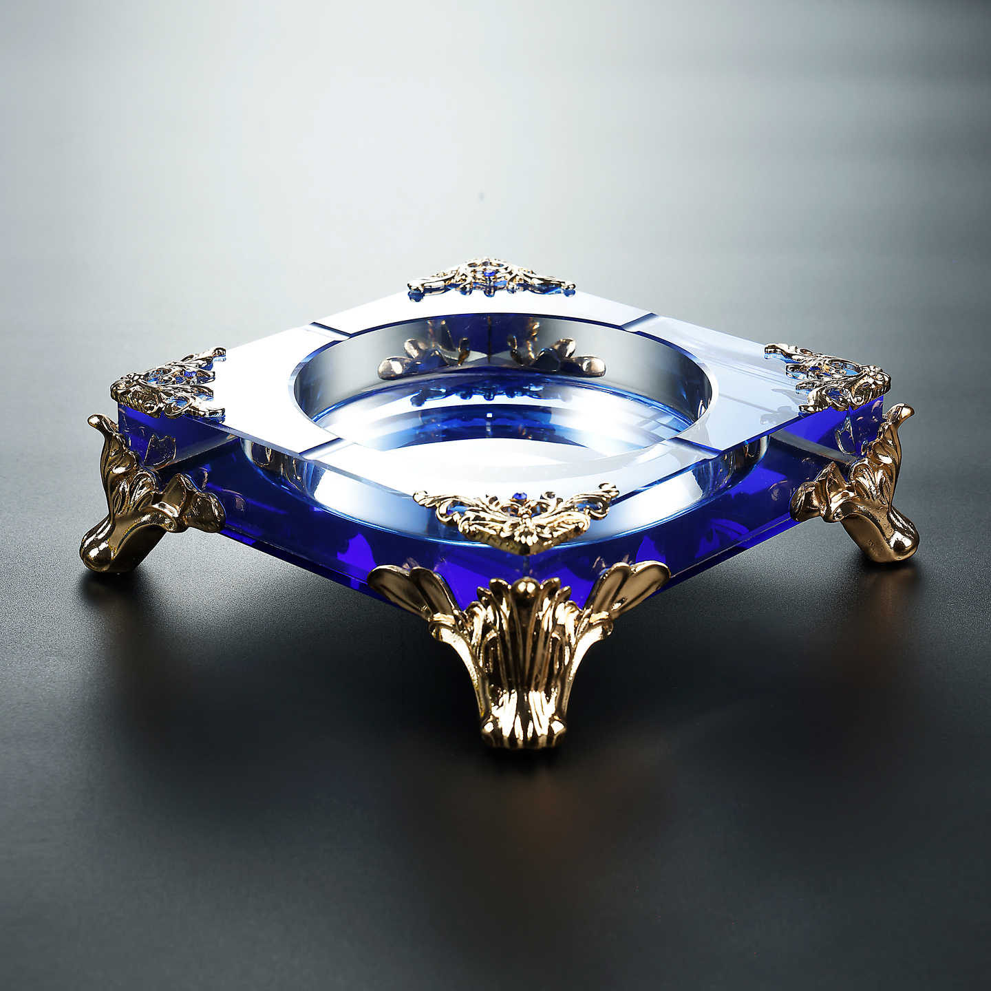Luxury Sapphire Blue Crystal Glass Ashtray with Gold Ornate Feet, Large Square Commercial Ashtray for Office Bar Restaurant, Premium Heavy-Duty