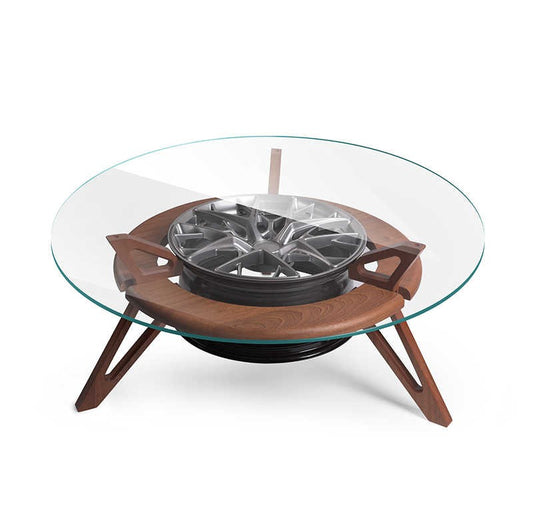 Modern Racing Wheel Hub Coffee Table – Solid Wood Base, Glass Top, Automotive Rim Display Stand, Sports Car Theme Decor