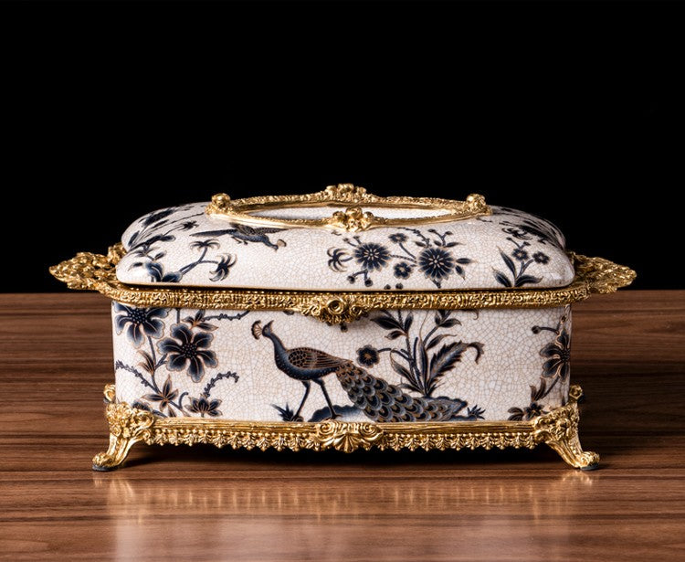 Peacock Porcelain and Brass Tissue Box, Luxury Gilded Tissue Holder for Living Room, Coffee Table, and Elegant Home Decor