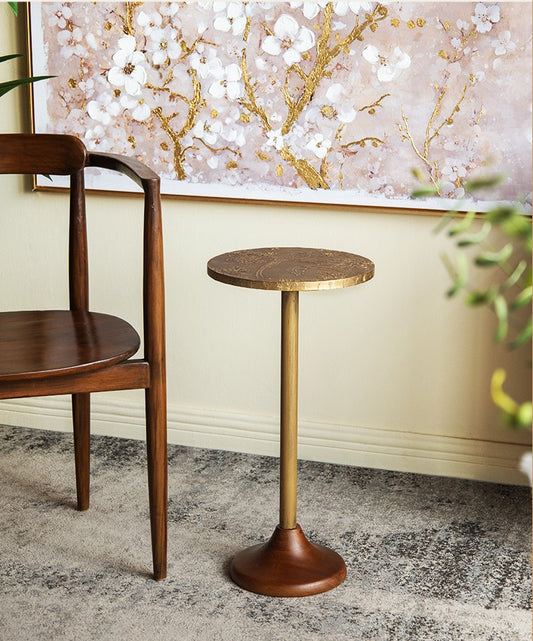 Golden Magpie Brass & Wood Round Accent Table, Vintage Tall Sofa/Bedside End Table, Bird Floral Etched Top