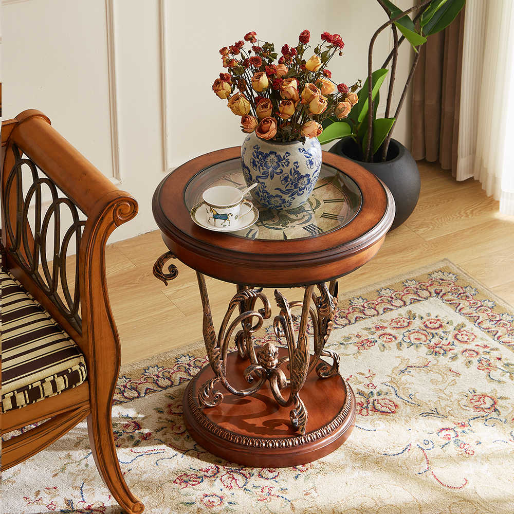Vintage Caramel Brown Round Clock Side Table – European Wrought Iron Scrollwork Coffee Table, American-Style Wood End Table with Glass Clock Top