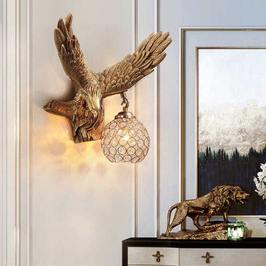 Flying Eagle Wall Sconce – Gold Animal Decorative Lamp with Crystal Globe Shade for Living Room, Office, Staircase, Bar, or Feature Wall