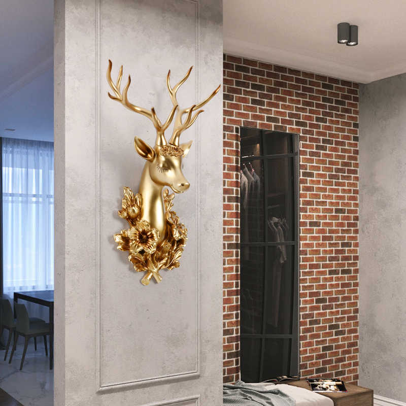Golden Deer Head Wall Mount with Ornate Floral Wreath, Luxury European Style Animal Head Sculpture, Statement Wall Decor for Living Room & Bar