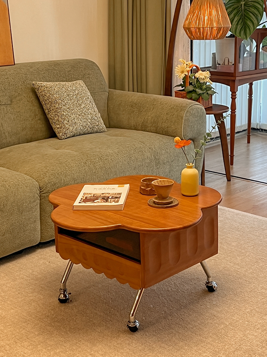 Vintage Walnut Lift Top Coffee Table – Rolling Solid Wood Storage Side Table for Sofa/Living Room, Convertible Nightstand for Small Spaces