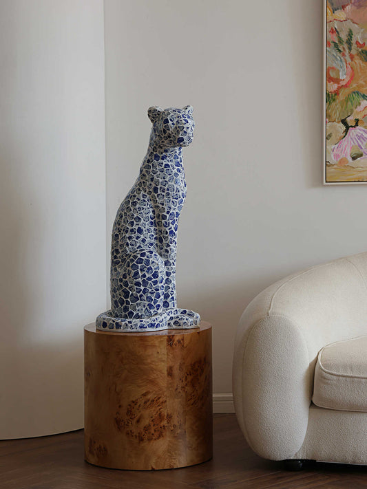 Handcrafted Blue and White Ceramic Leopard Sculpture – Asian Porcelain Mosaic Art Figurine, Luxury Home Decor Statement Piece for Entryways and Living Rooms