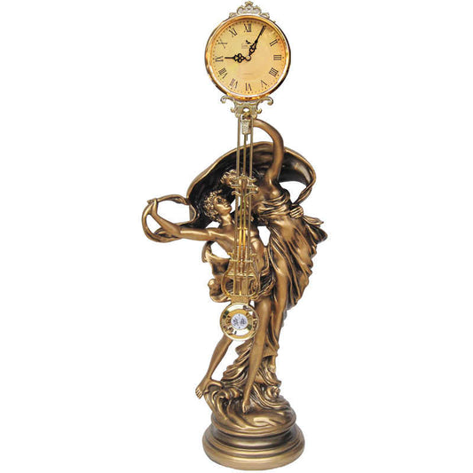 European Classical Dancing Couple Mantel Clock with Silent Movement, Bronze Finish Music-Themed Decorative Timepiece with Pendulum,