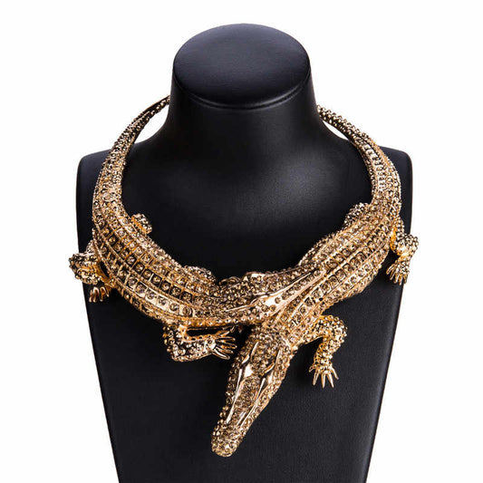 European Luxury Crystal Crocodile Statement Necklace – Bohemian Rhinestone Alligator Choker with Adjustable Chain, Fashion Jewelry