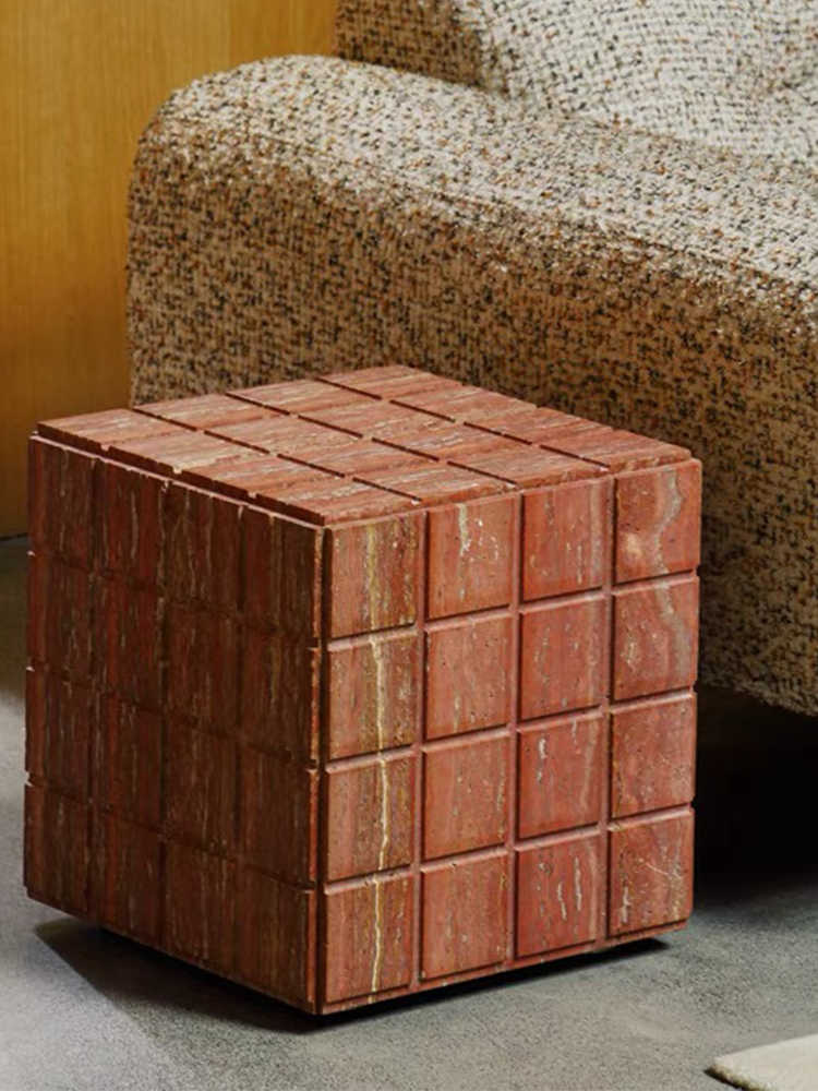 Nordic Luxury Red Travertine Side Table – Natural Stone Cube End Table, Designer Square Accent Table for Living Room, Bedroom, Modern Stone Furniture