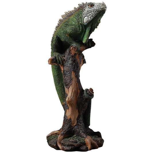Lifelike Iguana Chameleon Sculpture on Driftwood Branch, Realistic Reptile Figurine for Home Garden Decor, European Style Animal Art Piece