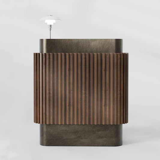 Modern Woodgrain Stainless Steel Reception Counter, Minimalist Restaurant Concierge Front Desk