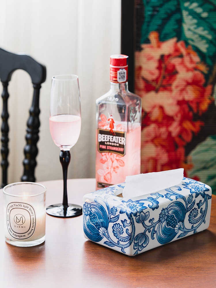 Blue and White Porcelain Tissue Box Set of 2, Ceramic Decorative Napkin Holder for Living Room, Coffee Table, Dining Desk, Floral & Bird Design Set