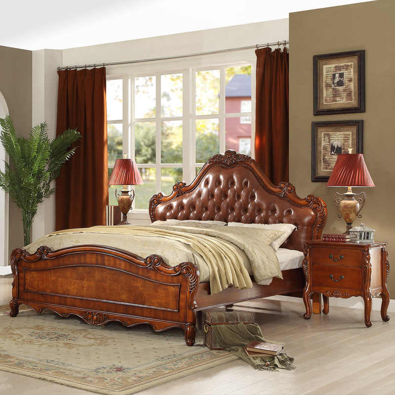 Leather Tufted Bed – Classic European Wood Frame King Bed with Button-Tufted Headboard, Vintage Carved Wedding Bed 1.8M