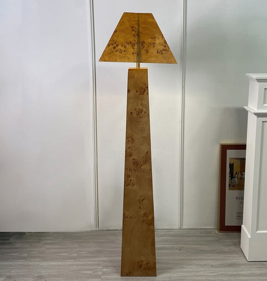 Vintage Burl Wood Floor Lamp, Artistic Retro Tall Standing Light with Pyramid Shade, Modern Villa, Living Room, Bedroom, Tea Room Ambiance Lamp