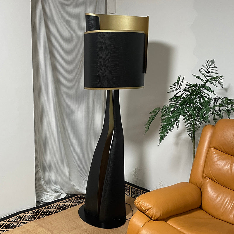 Postmodern Black Leather Floor Lamp, Custom Designer Art Deco Standing Light, Minimalist Retro Handmade Statement for Living Room or Study