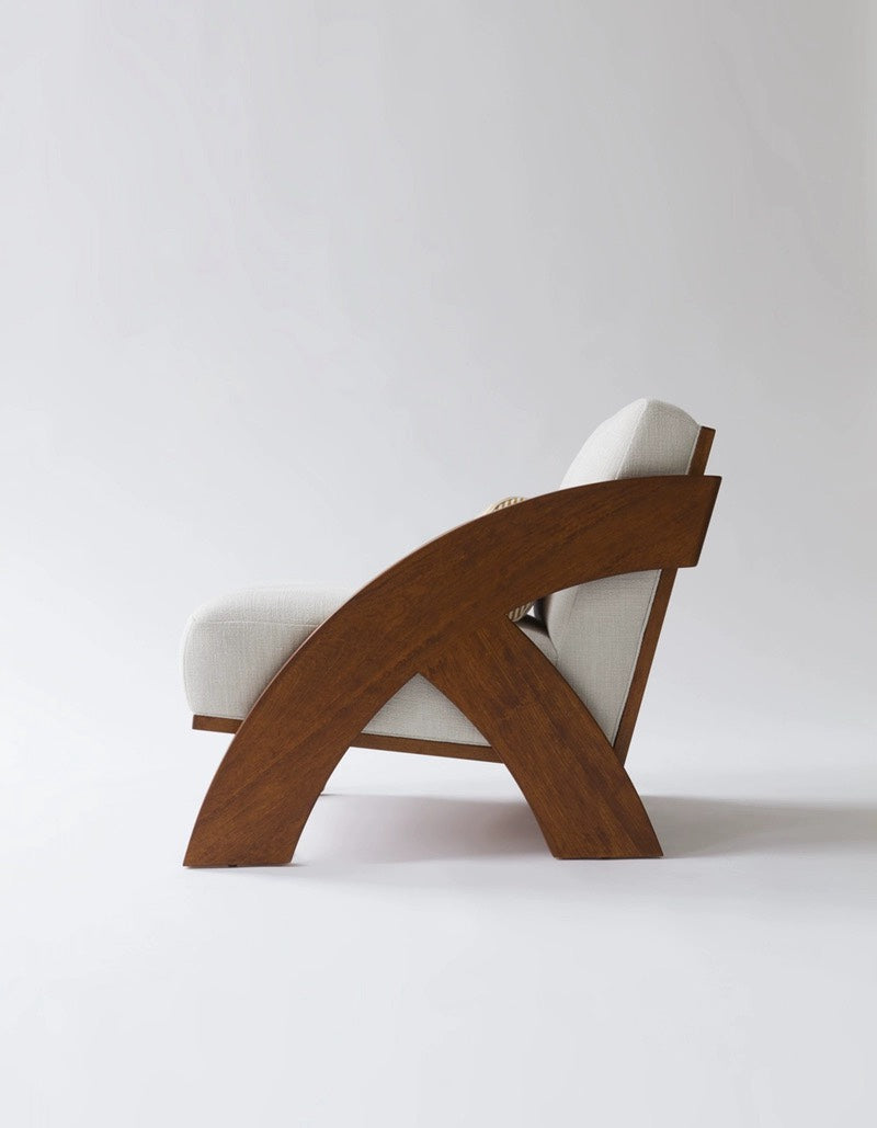 Nordic Minimalist Wooden Lounge Chair – Wabi-Sabi Style Accent Chair with Striped Upholstery, Mid-Century Modern Single Seater for Living Room, Café, Hotel