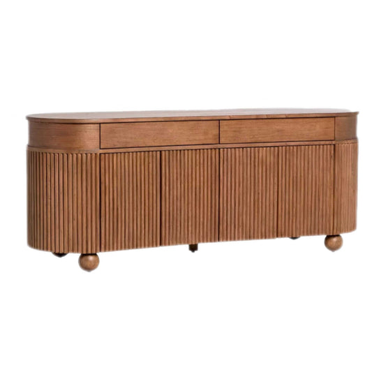 French Mid-Century Curved Fluted Solid Wood Sideboard – Premium Storage Cabinet with Drawers and Doors, Luxury Dining Room Buffet Console with Spherical Legs