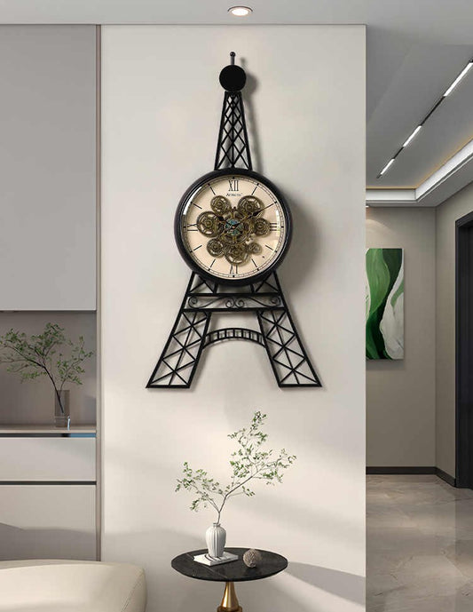 Vintage Creative Art Wall Clock – Eiffel Tower Gear Design, Light-Luxury Statement Timepiece