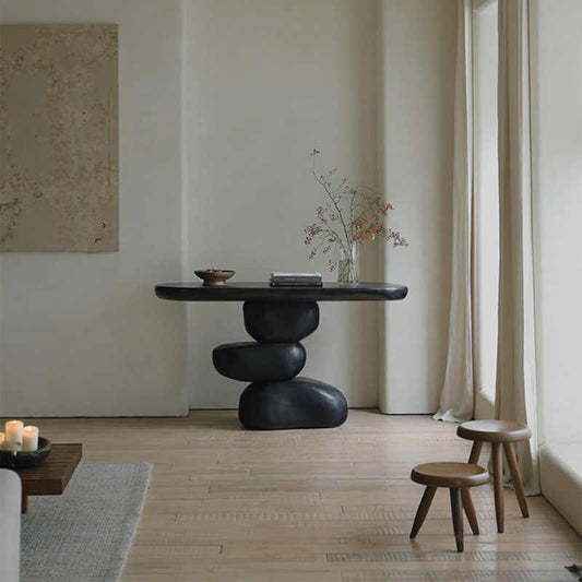 Wabi-Sabi Carbonized Black Solid Wood Entryway Console Table, Artistic Stacked Stone Sculptural Accent Table for Hallway, Foyer, Modern Boutique Hotel