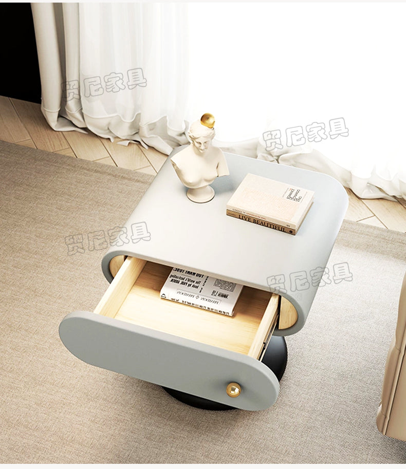 Italian Minimalist Cream Nightstand with Drawer – Modern Designer Side Table, Luxury Curved Accent Table for Bedroom, Living Room, Contemporary Furniture