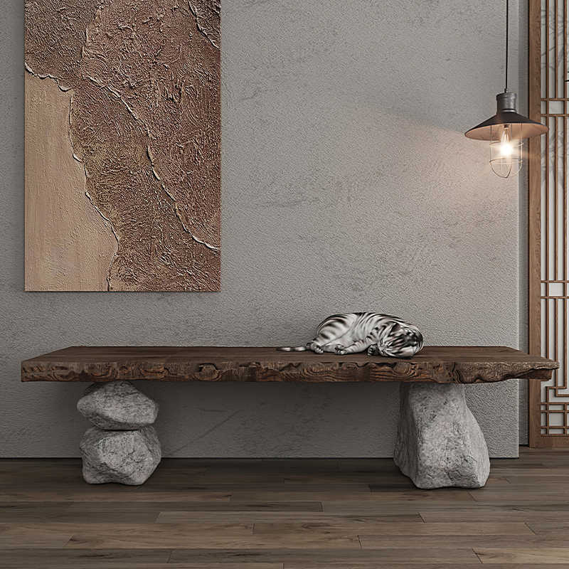 Wabi-Sabi Live Edge Wood Bench with Stone Base – Handcrafted Natural Solid Wood Console Table, Japanese Minimalist Entryway Furniture