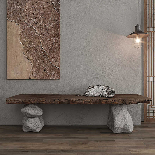 Wabi-Sabi Live Edge Wood Bench with Stone Base – Handcrafted Natural Solid Wood Console Table, Japanese Minimalist Entryway Furniture