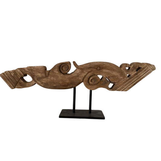 Rustic Carved Wood Sculpture on Black Stand, Vintage Table Decor, 29.5 Inch