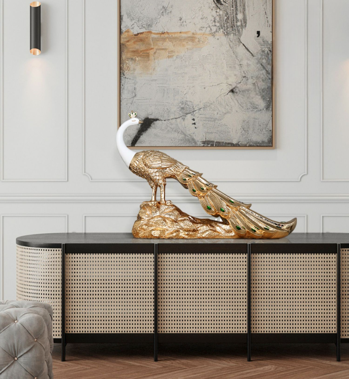 Grand Luxury Rose Gold Peacock Sculpture – Large Resin Art Figurine for Living Room, Entryway, or TV Cabinet