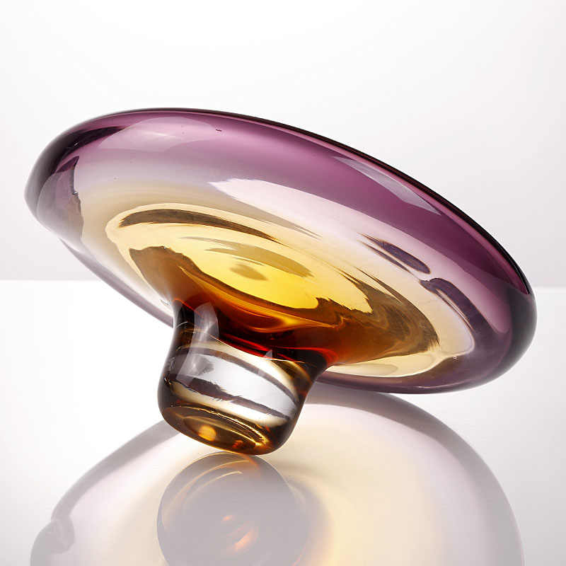 Minimalist Luxury Art Glass Pedestal Fruit Bowl, Handcrafted Purple-Amber Gradient Serving Dish with Organic Wave Design, Modern Desktop Centerpiece