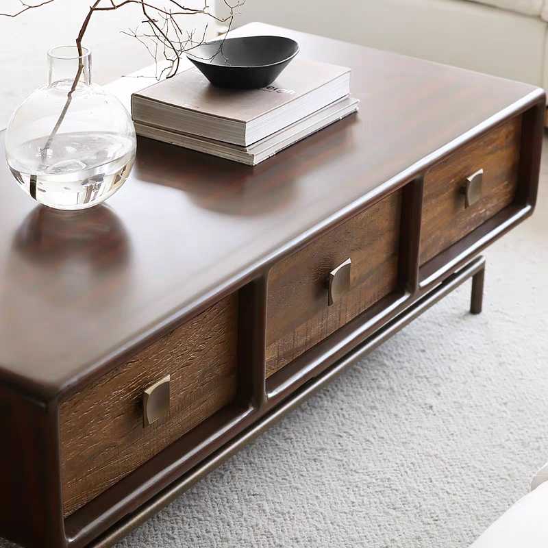 Walnut Mid-Century Modern Coffee Table with 6 Rattan Drawers – Asian Style Retro Living Room Table, Import Quality Storage Furniture for Small Spaces