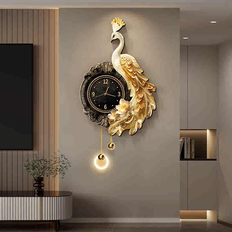 Luxury 3D Peacock Wall Clock with Crystal Accent, Remote-Control LED Decor Light, Elegant Resin Wall Art for Living Room and Dining Room