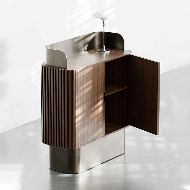 Modern Woodgrain Stainless Steel Reception Counter, Minimalist Restaurant Concierge Front Desk
