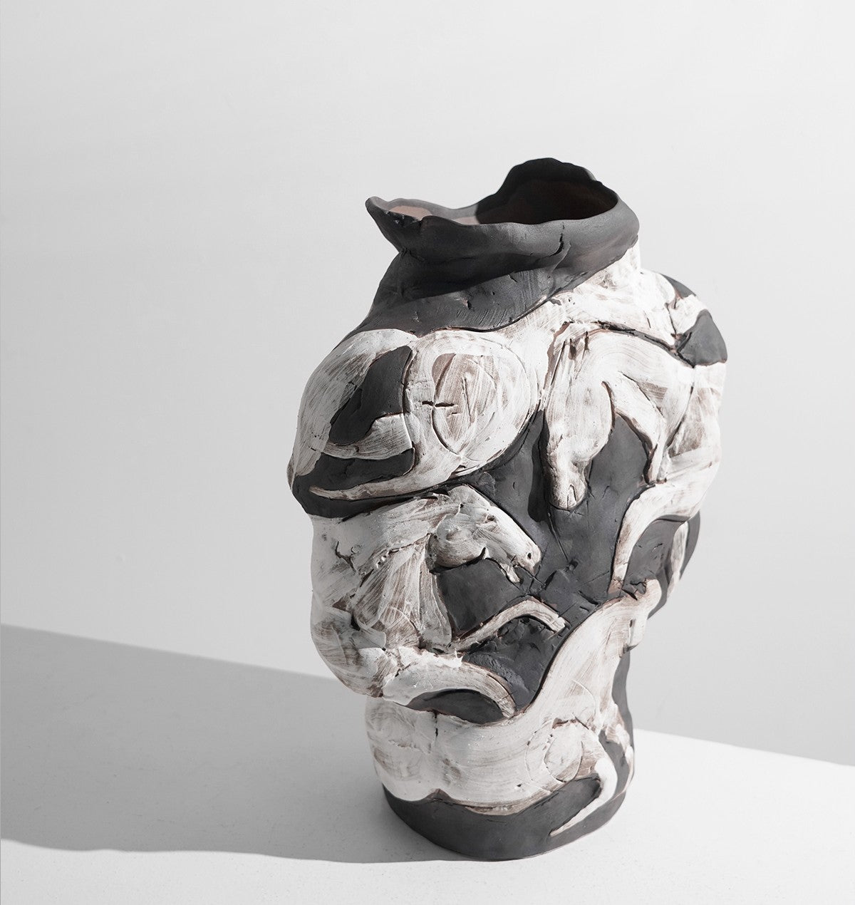 Modern Abstract Ceramic Flower Vase, Handcrafted Art Horse Relief Decorative Vessel for Entryway, Study, or Showroom