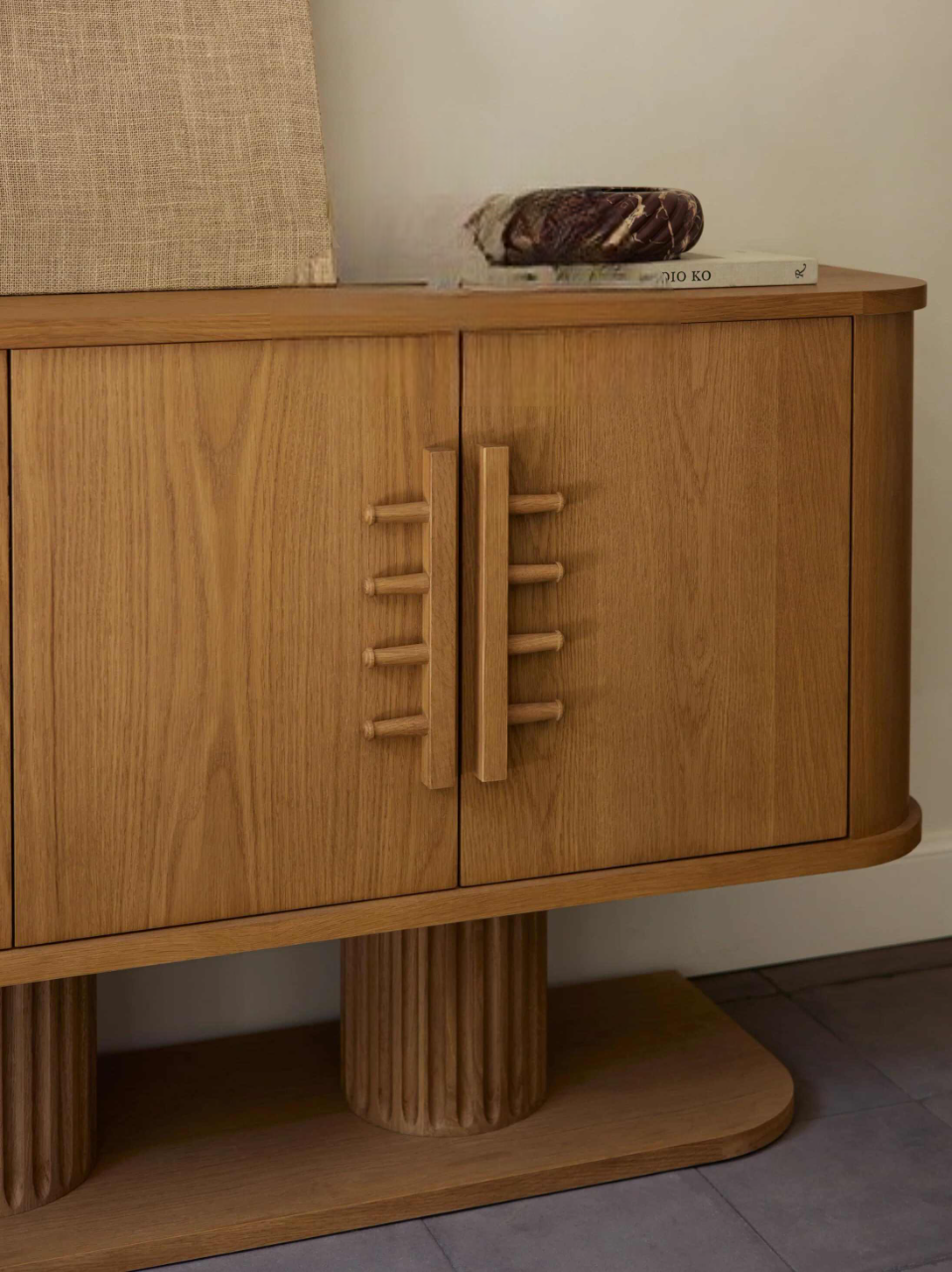 Vintage Solid Ash Wood Entryway Cabinet, Designer Sideboard for Living Room, Artistic Storage Chest with Creative Handles
