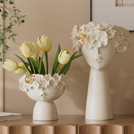 Luxury Ceramic Head Sculpture Vase Set – Modern Abstract Face Planters with Gold Floral Accents, Contemporary Home Décor Art Pieces