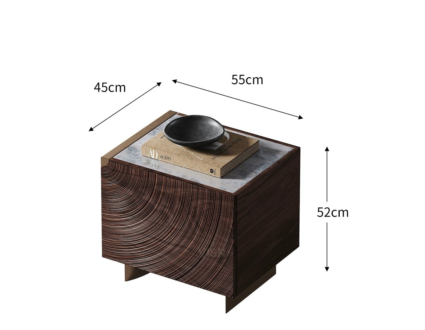 Luxury Ripple Pattern Walnut Bedside Table – Modern Designer Nightstand with White Marble Top, Hand-Carved Artistic Bedroom Accent