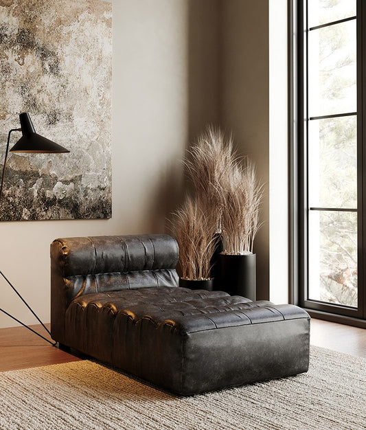 Vintage Leather Chaise Lounge – Modular Retro Tufted Sectional for Small Apartment Living Room, Black Armless Day bed