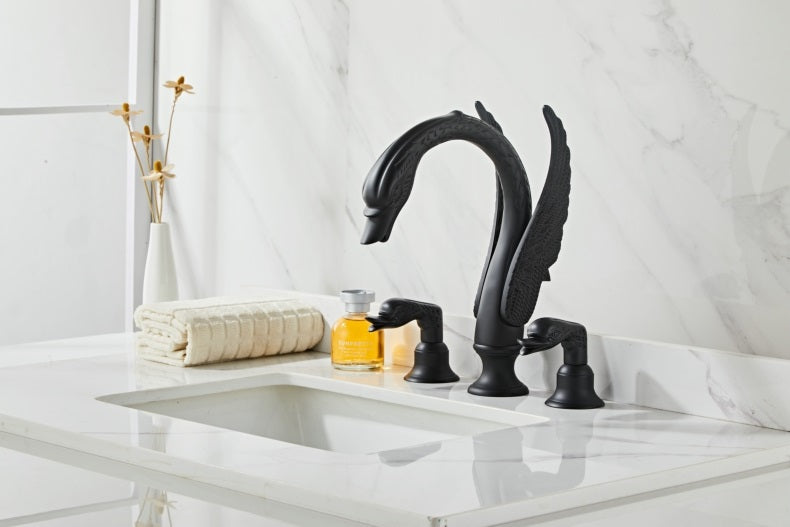 Black Luxury Swan Basin Faucet, Three-Hole Crystal Handle Bathroom Sink Mixer Tap, Designer Gold/Black Swan Lavatory Faucet