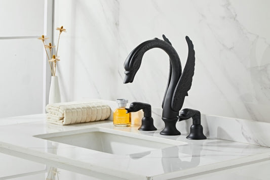 Black Luxury Swan Basin Faucet, Three-Hole Crystal Handle Bathroom Sink Mixer Tap, Designer Gold/Black Swan Lavatory Faucet
