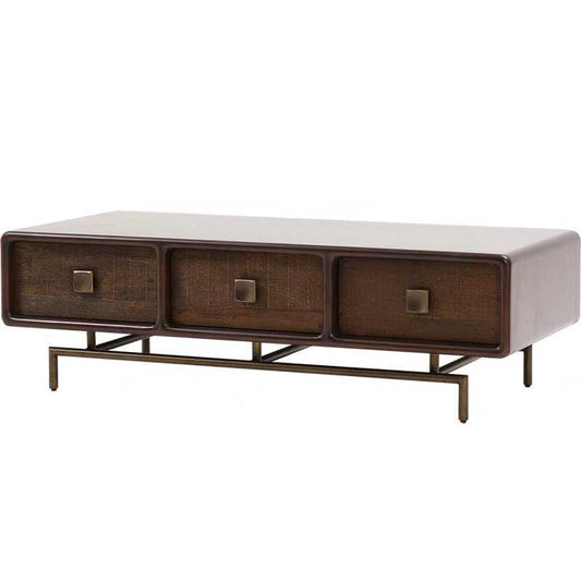 Walnut Mid-Century Modern Coffee Table with 6 Rattan Drawers – Asian Style Retro Living Room Table, Import Quality Storage Furniture for Small Spaces