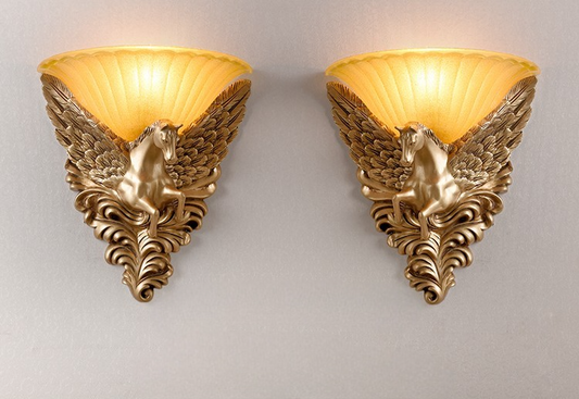 Gold Pegasus Wall Lamp Pair, Winged Horse Resin & Glass Sconce for Living Room, Bedroom, Hallway Décor, (Left/Right Pair)